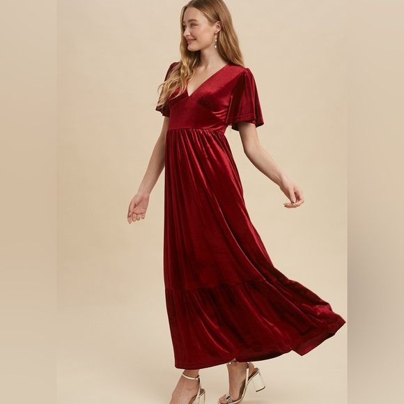 Burgundy Red Babydoll Bodice Velvet Maxi Dress - Picture 1 of 9